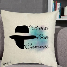 Cadou pentru Cumnat - Perna Personalizata Cel mai Bun Cumnat cu Silueta Palarie si Pete Teal-Roz, 40x40 cm, Ecru, Husa Detasabila, Perna Inclusa, BEKZ®