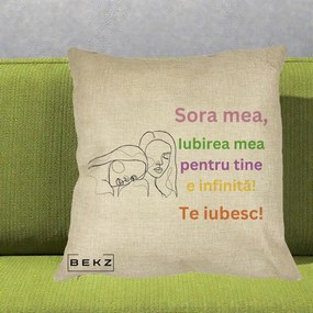 Cadou pentru Sora - Perna Personalizata Sora Mea Te Iubesc Line Art Fete Colorate Brate Ridicate, 40x40 cm, Crem, Husa Detasabila, Perna Inclusa, BEKZ®