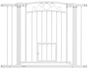 PawHut Ușă de Siguranță pentru Câini de Interior cu 2 Extensii și Ușiță pentru Pisici, 76-104x77 cm, Alb | Aosom Romania