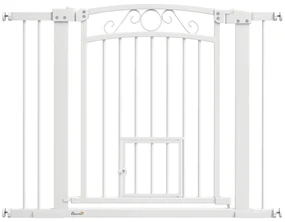 PawHut Ușă de Siguranță pentru Câini de Interior cu 2 Extensii și Ușiță pentru Pisici, 76-104x77 cm, Alb | Aosom Romania