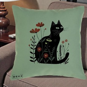 Perna Decorativa Pisica Neagra Flori Rosii Folk, 40x40 cm, Verde, Husa Detasabila, Perna Inclusa, BEKZ®