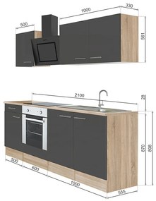 Mobilă de bucătărie Yorki 210, corp din stejar sonoma, față antracit satinat cu element inferior al cuptorului