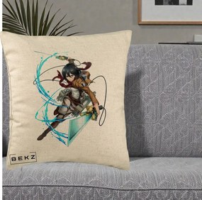 Perna Personalizata Attack on Titan Mikasa Ackerman Lupta, 40x40 cm, Bej, Husa Detasabila, Perna Inclusa, BEKZ®