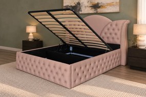 Pat tapițat Chesterfield din catifea Velora Deluxe Classic 140×200 cm, cappuccino, cu ladă de depozitare