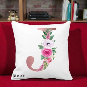 Cadou Personalizat - Perna Personalizata Monograma Rose Gold Litera J, 40x40 cm, Alba Mata, Husa Detasabila, Perna Inclusa, BEKZ®