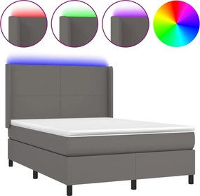 vidaXL Pat cu arcuri, cu saltea și LED, gri, 140x200 cm, piele eco