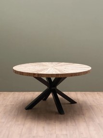 Masă dining rotundă din lemn reciclat, maro, 6–8 locuri, cu bază centrală din metal, 77 x 150 cm, „Asturias”
