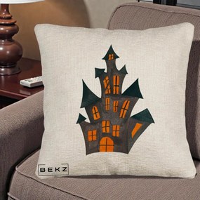 Perna Decorativa Halloween Casa Bantuita Minimalista, 40x40 cm, Bej Canapea, Husa Detasabila, Perna Inclusa, BEKZ®
