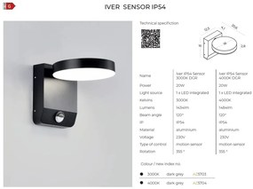 Aplica LED de exterior cu senzor de miscare IP54 IVER 3000K
