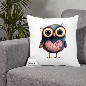 Perna Decorativa Bufnita cu Inimioare Roz, 40x40 cm, Alba Mata, Husa Detasabila, Perna Inclusa, BEKZ®