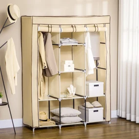 HOMCOM Dulap Portabil din Stofă cu 8 Rafturi și 2 Bare, Organizator Haine cu Ușă Rulantă, 125x43x162.5 cm, Bej | Aosom Romania