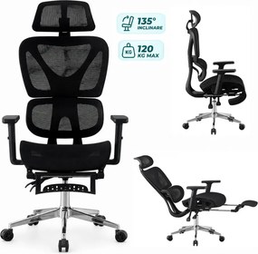 RIGACHAIR Scaun ergonomic, cotiere 2D, tetiera 2D, recliner 155°, suport picioare, Full Mesh, Negru