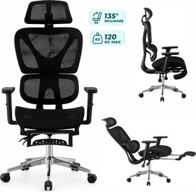 RIGACHAIR Scaun ergonomic, cotiere 2D, tetiera 2D, recliner 155°, suport picioare, Full Mesh, Negru