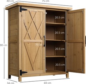Outsunny Căsuță de Grădină pentru Unelte cu 2 Uși, 4 Rafturi și Bază Ridicată, 75x40x90 cm, Natural | Aosom Romania