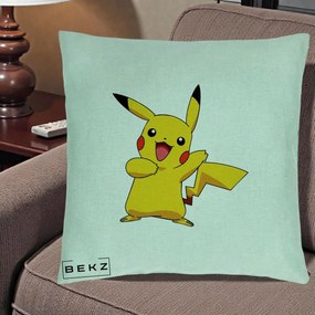 Perna Personalizata Pikachu Fericit, 40x40 cm, Verde Menta, Husa Detasabila, Perna Inclusa, BEKZ®