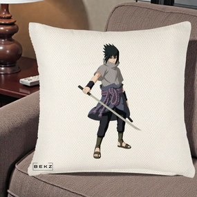 Perna Personalizata Naruto Sasuke Uchiha cu Sabia, 40x40 cm, Crem Reliefat, Husa Detasabila, Perna Inclusa, BEKZ®