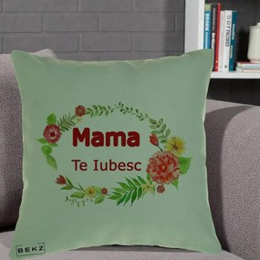Cadou pentru Mama - Perna Personalizata Mama Te Iubesc Flori Rosii, 40x40 cm, Verde, Husa Detasabila, Perna Inclusa, BEKZ®