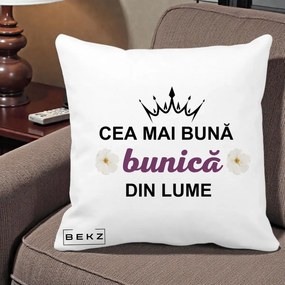 Cadou pentru Bunica - Perna Personalizata Cea Mai Buna Bunica Din Lume Coroana Mov Flori, 40x40 cm, Alba Mata, Husa Detasabila, Perna Inclusa, BEKZ®