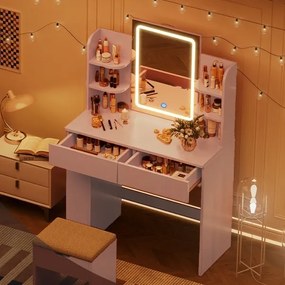 Masuta machiaj cu Oglinda LED si 2 Sertare pentru Cosmetice, Set Masa toaleta 90 cm, Alb / Negru / Roz, masuta cosmetica, vanity - SER203