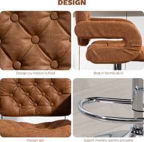 HOMCOM Taburet de Bar cu Înălțime Reglabilă, Scaun Înalt din PU cu Spătar, Suport pentru Picioare, Cotiere și Șezut Moale, Structură din Oțel, Rotativ la 360°, pentru Bucătărie, Maro | Aosom Romania