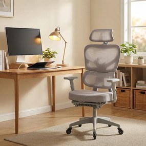 Scaun ergonomic, cotiere 3D, suport lombar adaptiv, spătar reglabil pe inaltime, tetiera 3D, suport pentru picioare, pivotant, Mesh, Gri