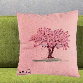 Perna Decorativa Cires Inflorit Acuarela, 40x40 cm, Roz, Husa Detasabila, Perna Inclusa, BEKZ®