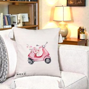 Perna Decorativa Scuter Roz cu Flori Acuarela, 40x40 cm, Bej cu Franjuri, Husa Detasabila, Perna Inclusa, BEKZ®