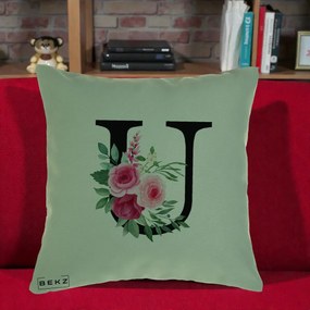 Cadou Personalizat - Perna Personalizata Monograma Florala Litera U, 40x40 cm, Verde, Husa Detasabila, Perna Inclusa, BEKZ®
