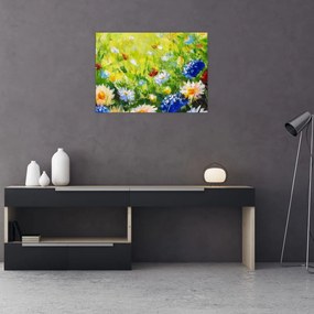 Tablou pe sticlă - Pictură în ulei, pajiște înflorită (70x50 cm)