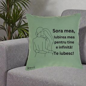 Cadou pentru Sora - Perna Personalizata Sora Mea Te Iubesc Imbratisare din Spate Line Art, 40x40 cm, Verde, Husa Detasabila, Perna Inclusa, BEKZ®