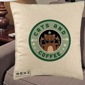 Perna Personalizata Cats and Coffee Starbucks, 40x40 cm, Bej, Husa Detasabila, Perna Inclusa, BEKZ®