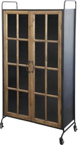 Vitrină industrială din lemn de pin natur și metal negru, cu 2 uși vitrate, 3 rafturi și roți, finisaj natural, 156 x 80 x 34 cm, „Calibre”