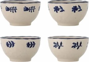 Set 4 boluri din ceramică artizanală natur cu motive florale albastre pictate manual și margine albastră, 11×6 cm, "Eimy"