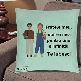 Cadou pentru Frate - Perna Personalizata Fratele Meu Te Iubesc Elevi Ilustratie Colorata, 40x40 cm, Verde Menta, Husa Detasabila, Perna Inclusa, BEKZ®