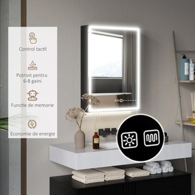 HOMCOM Dulap cu Oglindă pentru Baie cu Lumini LED și Priză pentru Aparat de Ras, Dulap Suspendat cu Funcție Anti-Ceață, Reglare Luminozitate, 3 Culori, Negru | Aosom Romania