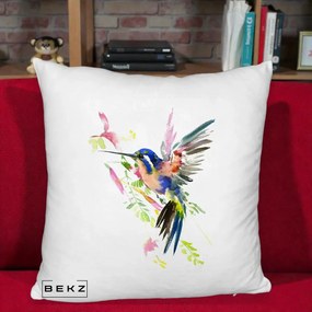 Perna Decorativa Colibri Acuarela, 40x40 cm, Alb Pufos, Husa Detasabila, Perna Inclusa, BEKZ®