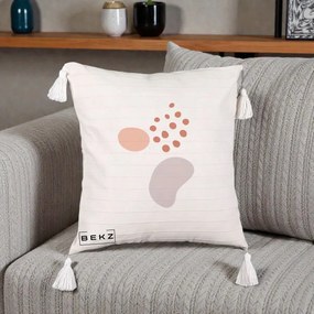 Perna Decorativa Abstract Forme Organice Pastel, 40x40 cm, Bej cu Franjuri, Husa Detasabila, Perna Inclusa, BEKZ®
