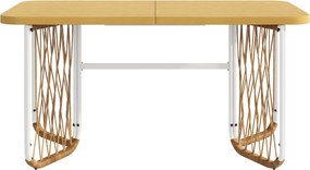 Set modern de mobilier de grădină, 7 piese, cadru alb din fier cu cotiere împletite, 1 masă+6 scaune, Bej+Culoare naturală