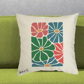 Perna Decorativa Flori Grafice Verde-Roz-Albastru, 40x40 cm, Ecru, Husa Detasabila, Perna Inclusa, BEKZ®