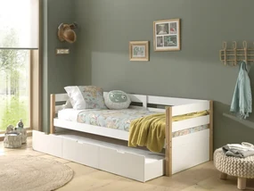 Pat pentru copii MARGRIT, 90 x 200 cm, alb cu tonuri naturale, cu pat trundle pentru dormit sau depozitare – Vipack