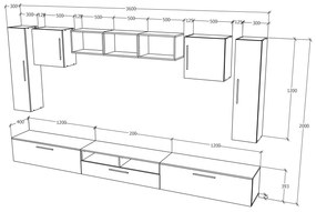 Living haaus Haga V2, Alb Lucios/Negru, MDF, L 360 cm