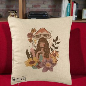 Perna Decorativa Fata Ciuperca Boho Florala, 40x40 cm, Bej, Husa Detasabila, Perna Inclusa, BEKZ®