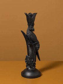 Sfeșnic din rășină cu papagal și frunze sculptate, negru antichizat, finisaj patinat, 32,5×10,5 cm, „Perroquet"