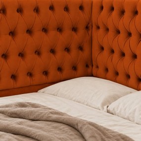 Pat tapițat pentru copii din catifea Elyra 120×200 cm, cărămiziu, colț stânga, cu ladă de depozitare