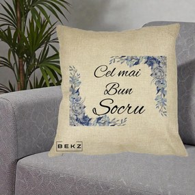 Cadou pentru Socru - Perna Personalizata Cel mai Bun Socru cu Flori Albastre Acuarela, 40x40 cm, Crem, Husa Detasabila, Perna Inclusa, BEKZ®