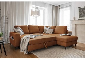 Colțar portocaliu/maro extensibil cu tapițerie din catifea reiată (cu colț pe partea dreaptă) Lofty Lilly – Miuform