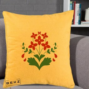 Perna Decorativa Buchet Floral Folk Rosu-Verde, 40x40 cm, Galben, Husa Detasabila, Perna Inclusa, BEKZ®