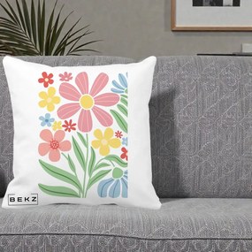 Perna Decorativa Flori Grafice Roz Pastel, 40x40 cm, Alba Mata, Husa Detasabila, Perna Inclusa, BEKZ®
