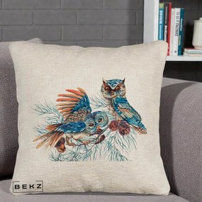 Perna Decorativa Bufnite de Iarna Albastre, 40x40 cm, Bej Canapea, Husa Detasabila, Perna Inclusa, BEKZ®