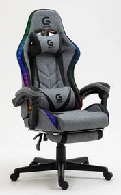 RESIGILAT- Scaun gaming, sistem iluminare bandă LED RGB, cu masaj în perna lombară, suport picioare, material textil, Gri/Negru